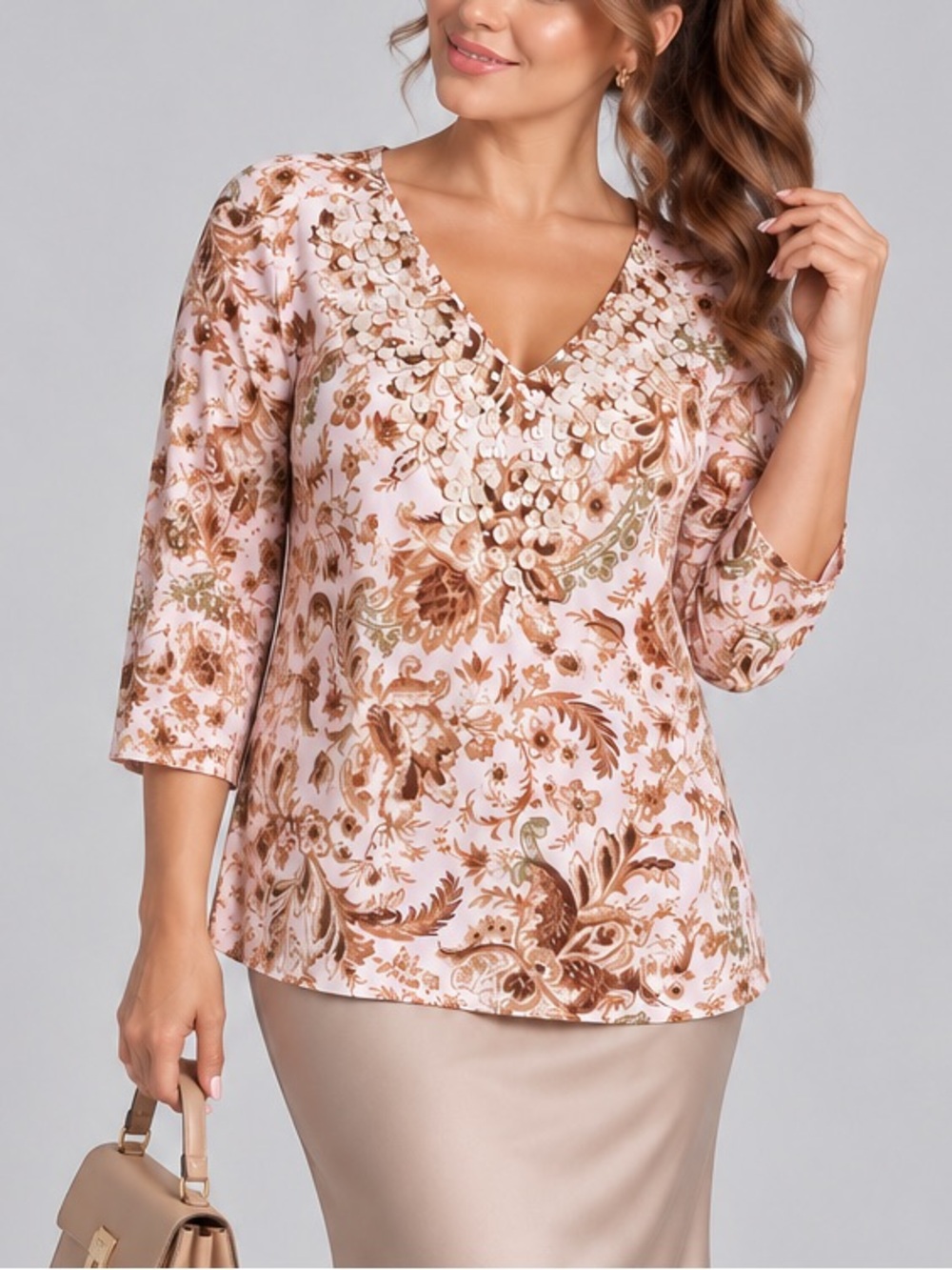 🆕🌾JM Collection Wildflower Way Pink Floral Beaded Tunic Blouse Top Size L Casual